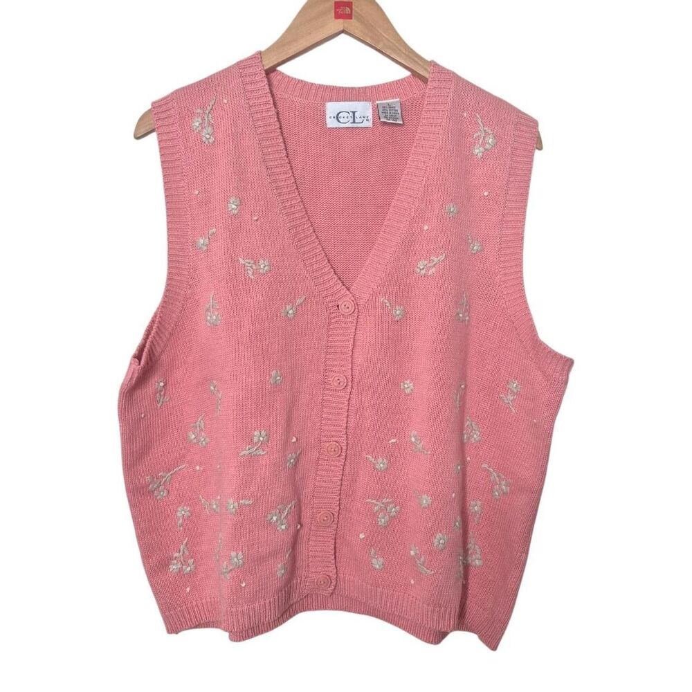 Cricket Lane Pink Sweater Vest White Floral Embroidery Size Large Vintage